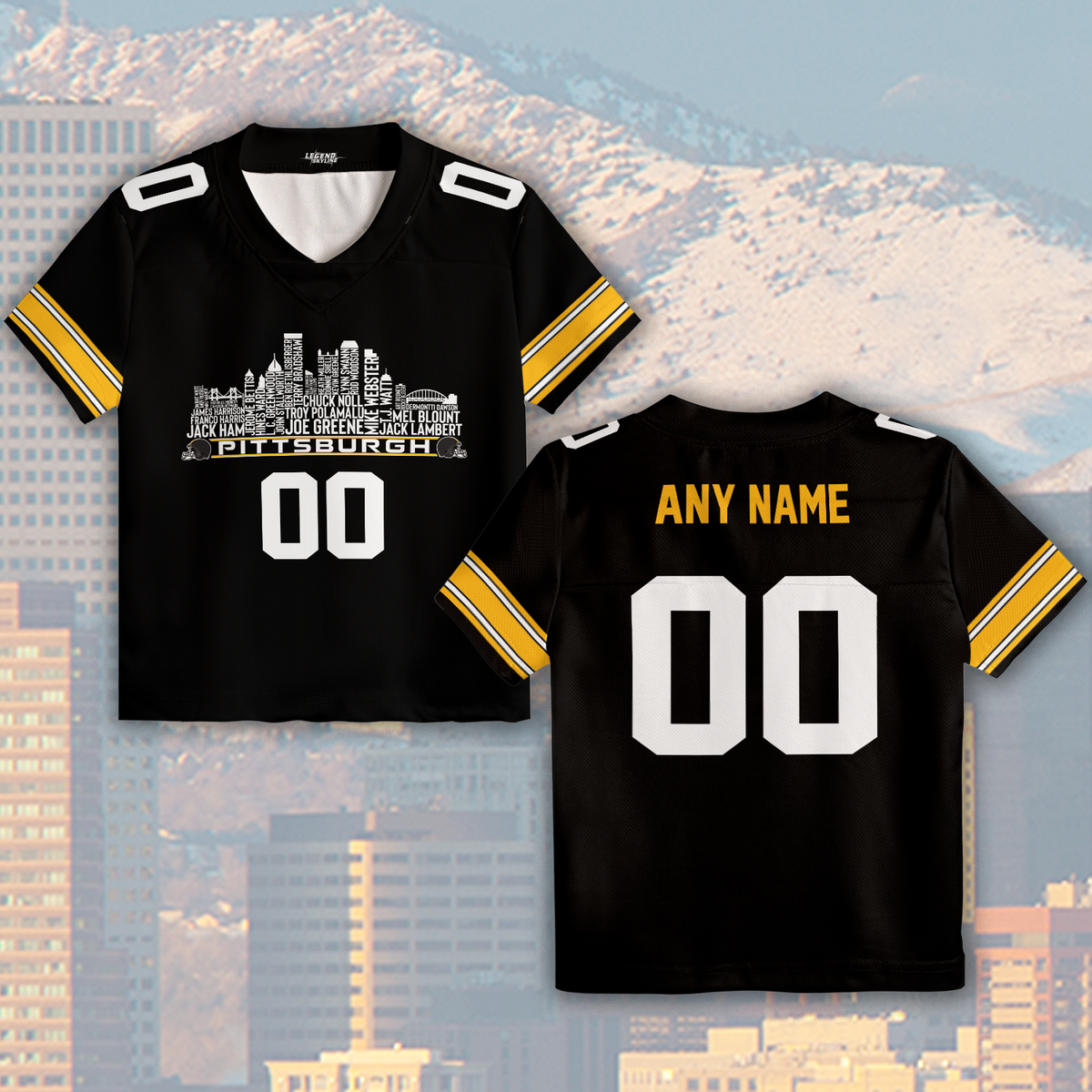 Pittsburgh Custom Football Jersey Greatest Of All Time Team Legends Pittsburgh City Skyline Shirt Personalized Embroidery Name Number