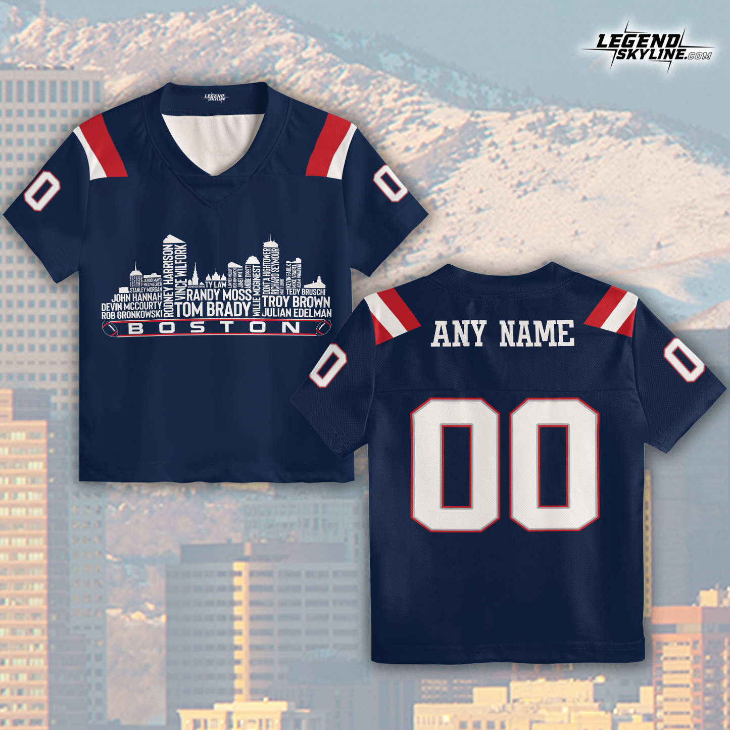New England Jersey Custom Football Greatest Of All Time Team Legends Boston City Skyline Jersey Shirt, Personalized Embroidery Name Number