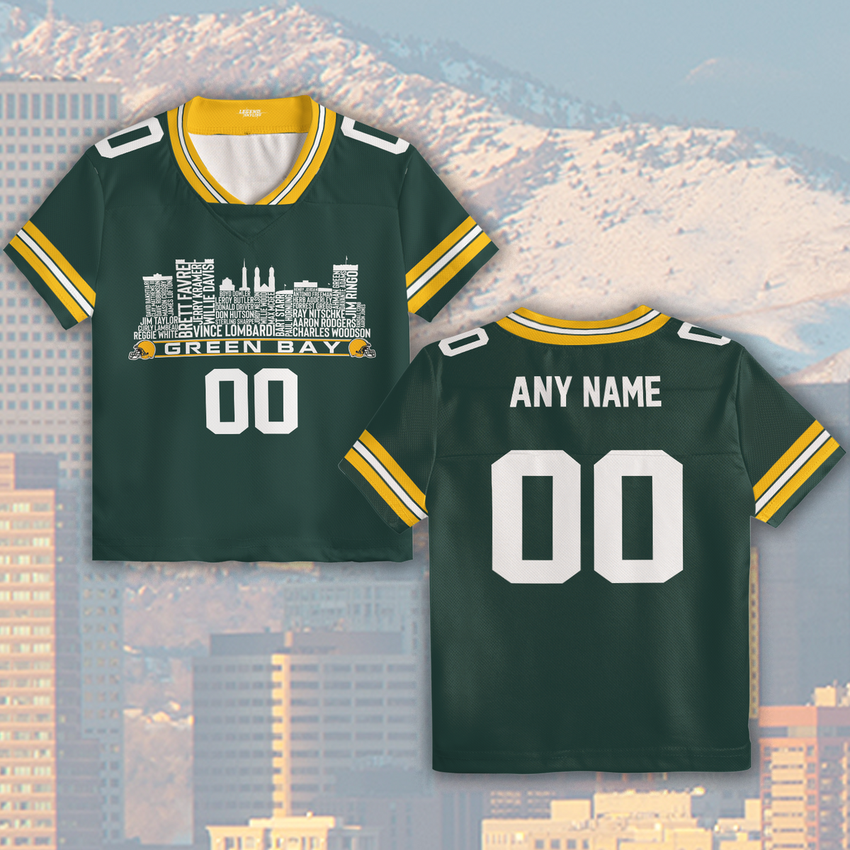Green Bay Jersey Custom Football Greatest Of All Time Team Legends Green Bay City Skyline Jersey Shirt Personalized Embroidery Name NumberGreen Bay