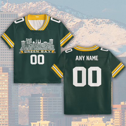 Green Bay Jersey Custom Football Greatest Of All Time Team Legends Green Bay City Skyline Jersey Shirt Personalized Embroidery Name NumberGreen Bay