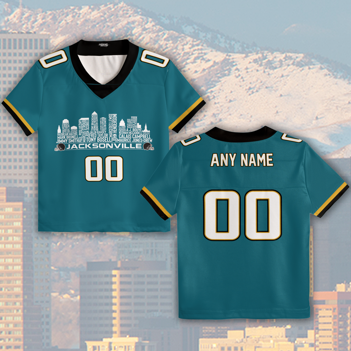 Jacksonville Jersey Custom Football Greatest Of All Time Team Legends Jacksonville City Skyline Jersey Shirt Personalized Embroidery Name Number