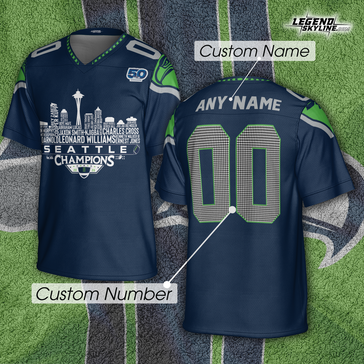 Seattle Custom Jersey Champions LX Football 2026 Bowl Dream Team Seattle Skyline Personalized Embroidery Name Number