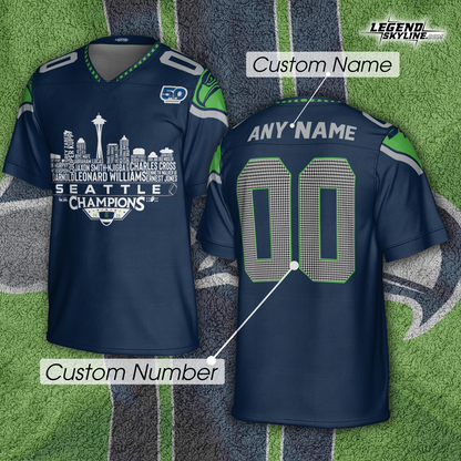 Seattle Custom Jersey Champions LX Football 2026 Bowl Dream Team Seattle Skyline Personalized Embroidery Name Number