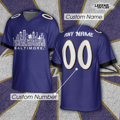Baltimore Jersey Custom Football Greatest Of All Time Team Legends Baltimore City Skyline Jersey Shirt, Personalized Embroidery Name Number