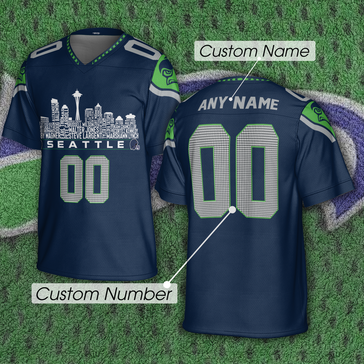 Seattle Custom Football Jersey Greatest Of All Time Team Legends Seattle City Skyline Shirt Personalized Embroidery Name Number