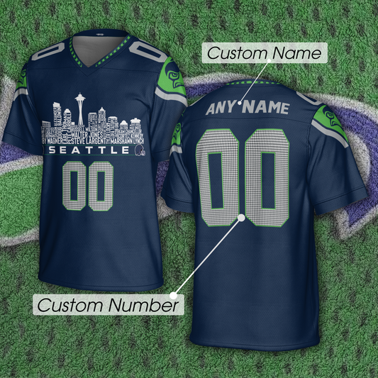Seattle Custom Football Jersey Greatest Of All Time Team Legends Seattle City Skyline Shirt Personalized Embroidery Name Number