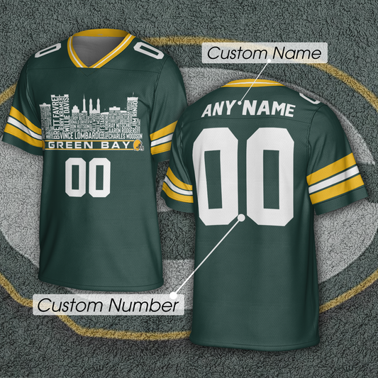 Green Bay Jersey Custom Football Greatest Of All Time Team Legends Green Bay City Skyline Jersey Shirt Personalized Embroidery Name NumberGreen Bay
