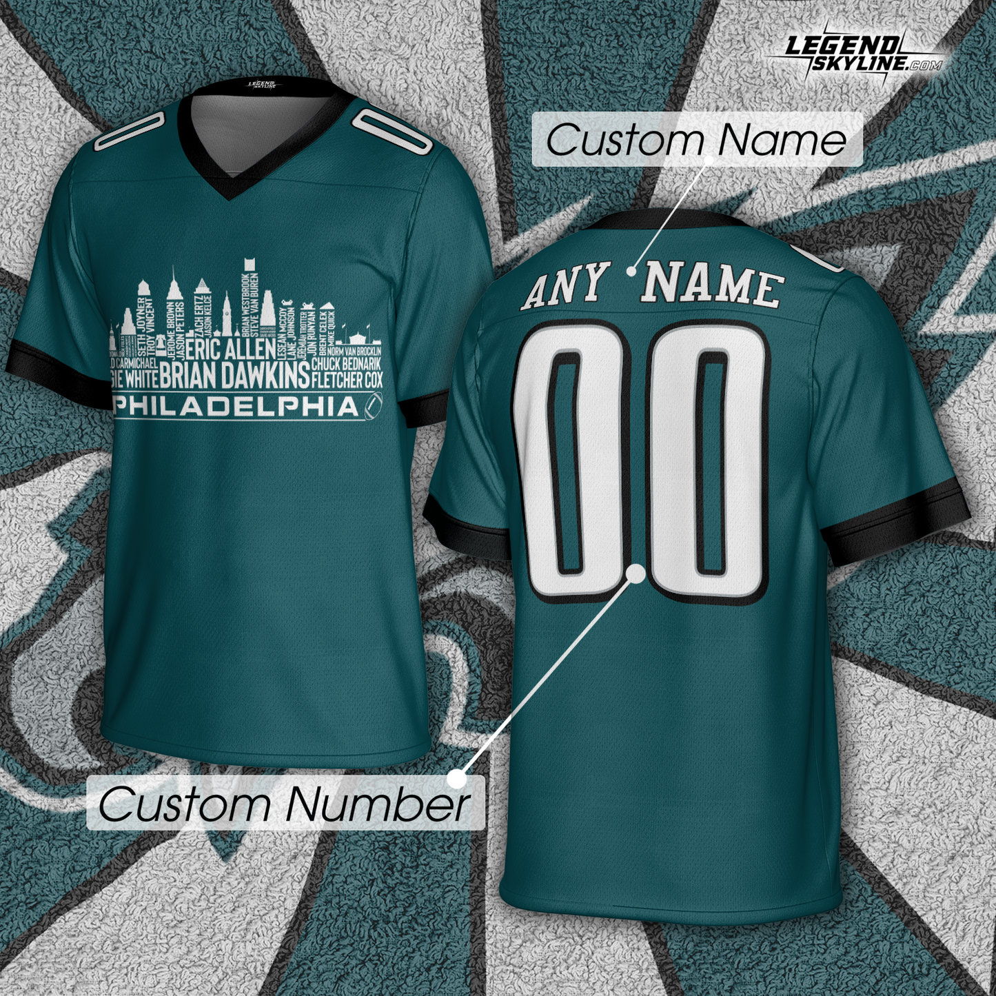Philadelphia Custom Football Jersey Greatest Of All Time Team Legends, Philadelphia City Skyline Shirt, Personalized Embroidery Name Number