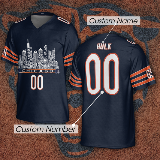Chicago Jersey Custom Football Greatest Of All Time Team Legends Chicago City Skyline Jersey Shirt, Personalized Embroidery Name Number