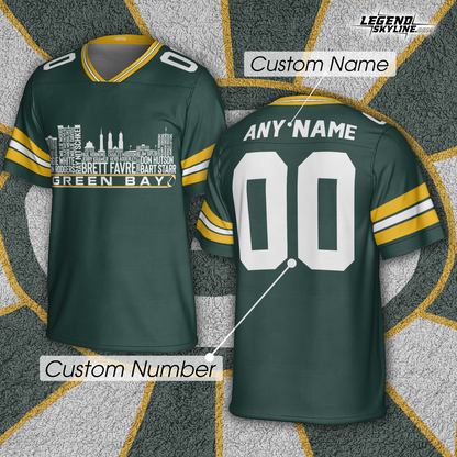 Green Bay Jersey Custom Football Greatest Of All Time Team Legends Green Bay City Skyline Jersey Shirt, Personalized Embroidery Name NumberGreen Bay