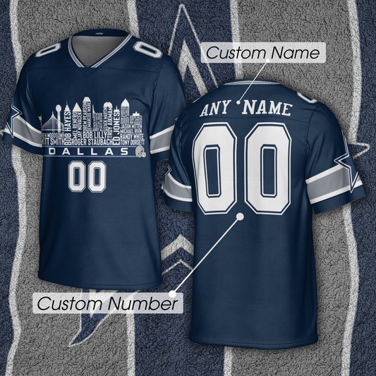 Dallas Custom Football Jersey Greatest Of All Time Team Legends Dallas City Skyline Shirt Personalized Embroidery Name Number