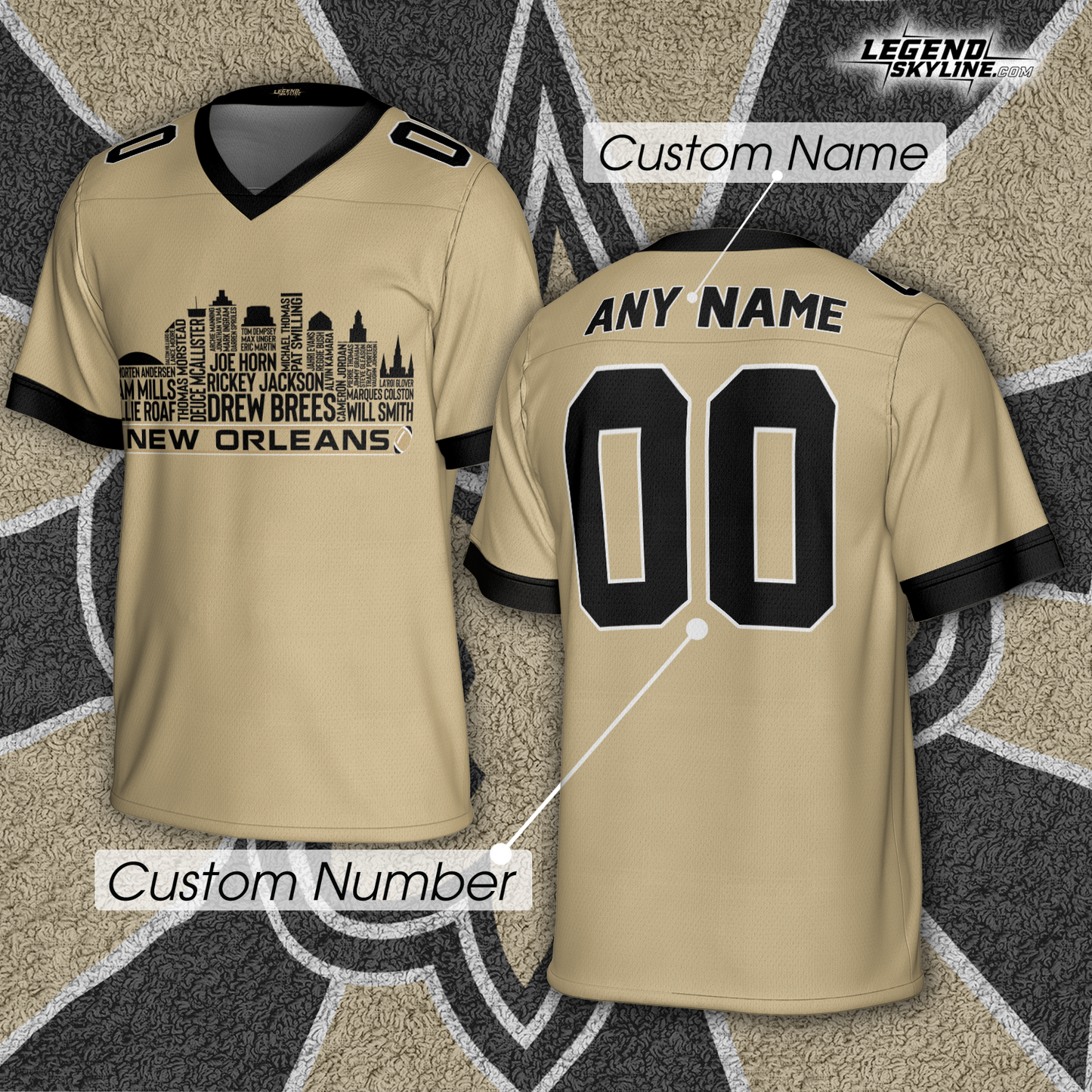 New Orleans Jersey Custom Football Greatest Of All Time Team Legends New Orleans City Skyline Jersey Shirt, Personalized Embroidery Name Number
