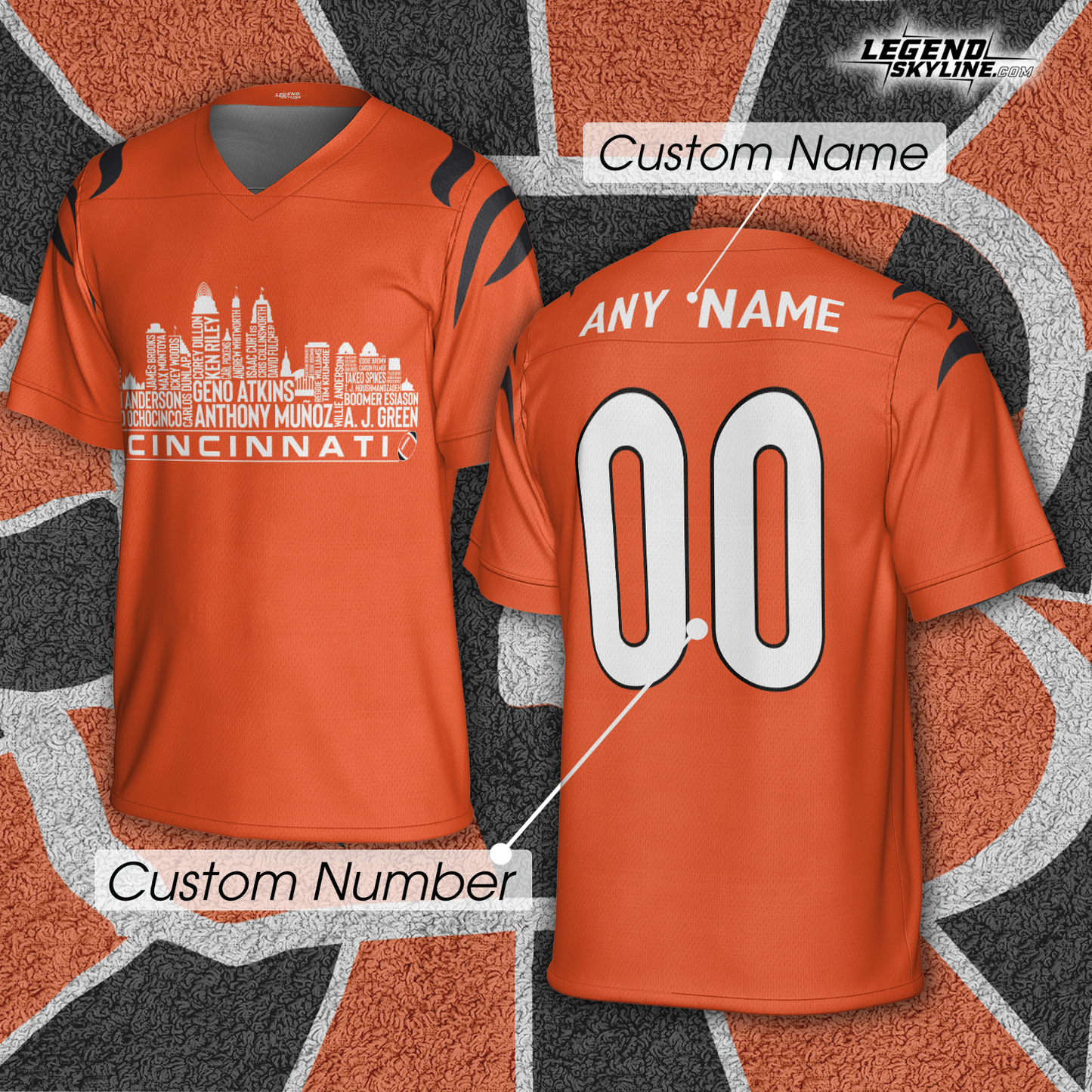 Cincinnati Jersey Custom Football Greatest Of All Time Team Legends Cincinnati  City Skyline Jersey Shirt, Personalized Embroidery Name Number