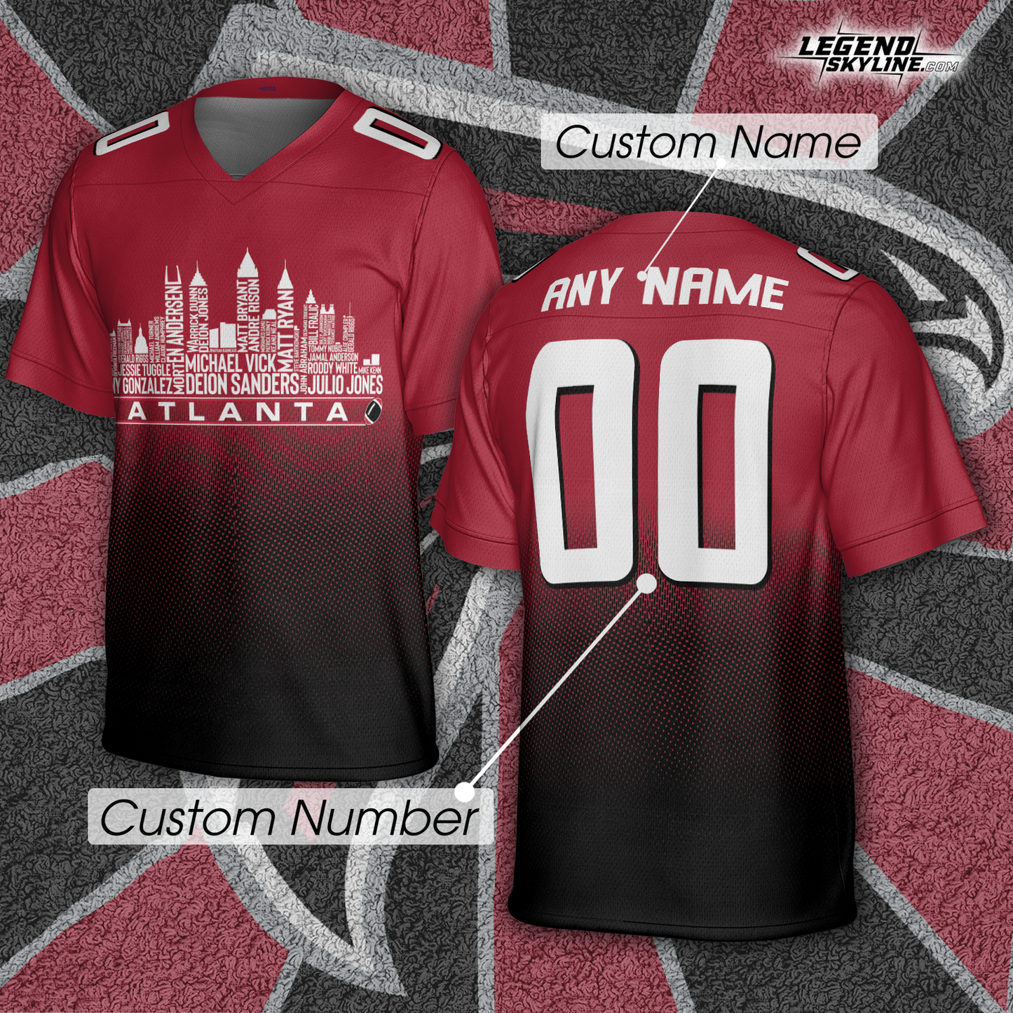 Atlanta Jersey Custom Football Greatest Of All Time Team Legends Atlanta City Skyline Jersey Shirt, Personalized Embroidery Name Number