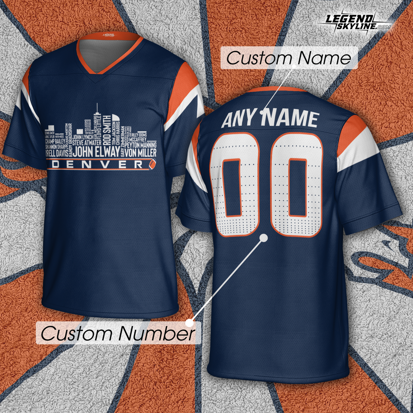 Denver Custom Football Jersey Greatest Of All Time Team Legends Denver City Skyline Shirt Personalized Embroidery Name Number
