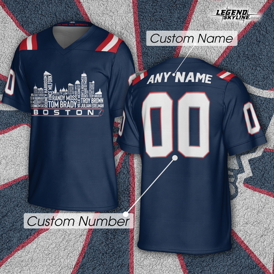 New England Jersey Custom Football Greatest Of All Time Team Legends Boston City Skyline Jersey Shirt, Personalized Embroidery Name Number