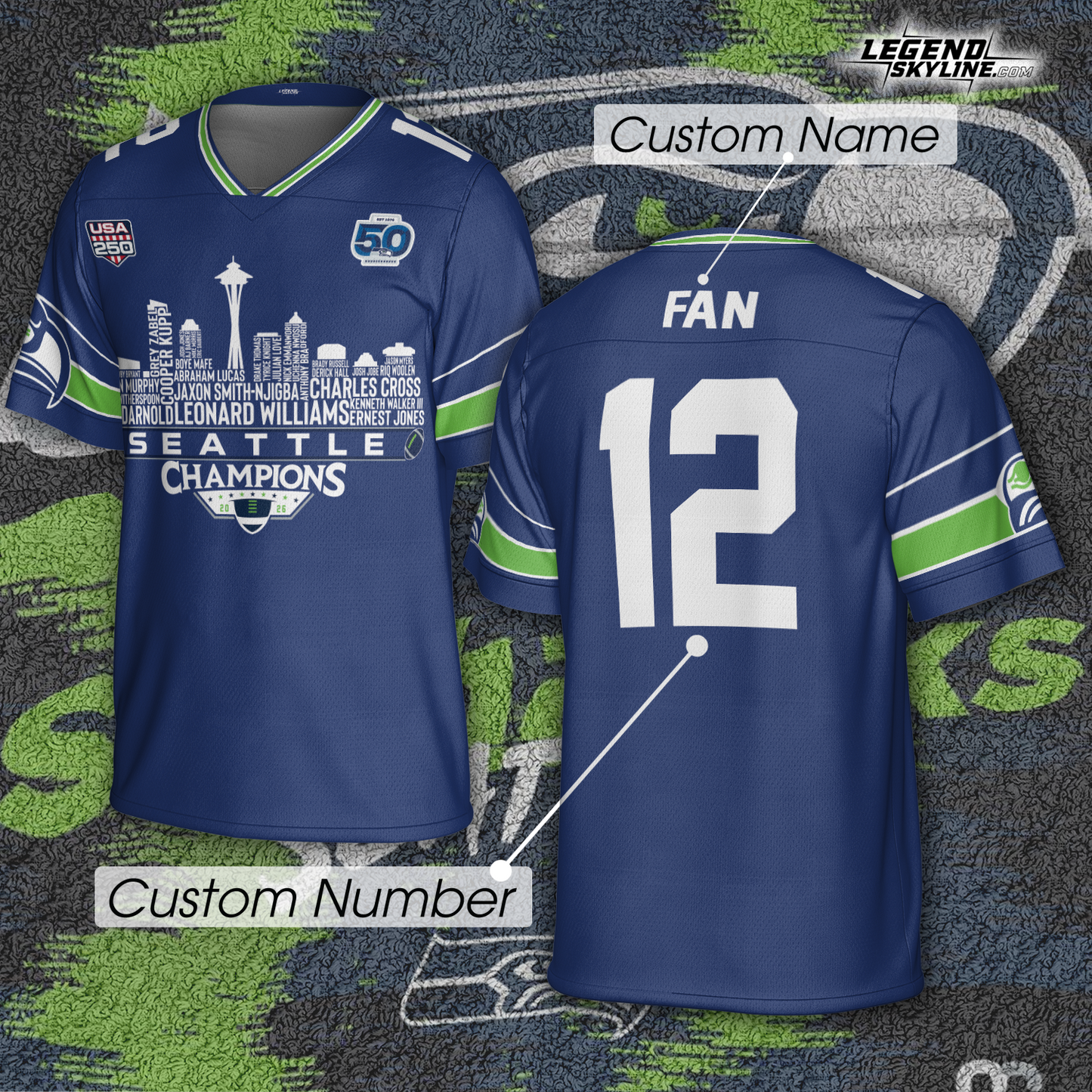 Seattle Custom Blue Jersey Champions LX Football 2026 Bowl Dream Team Seattle Skyline Personalized Embroidery Name Number