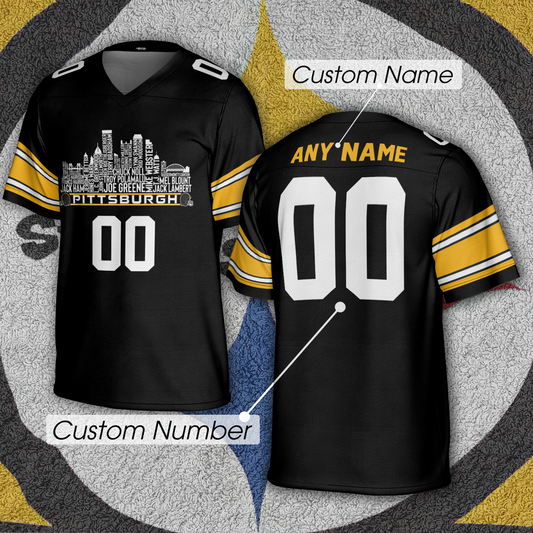 Pittsburgh Custom Football Jersey Greatest Of All Time Team Legends Pittsburgh City Skyline Shirt Personalized Embroidery Name Number