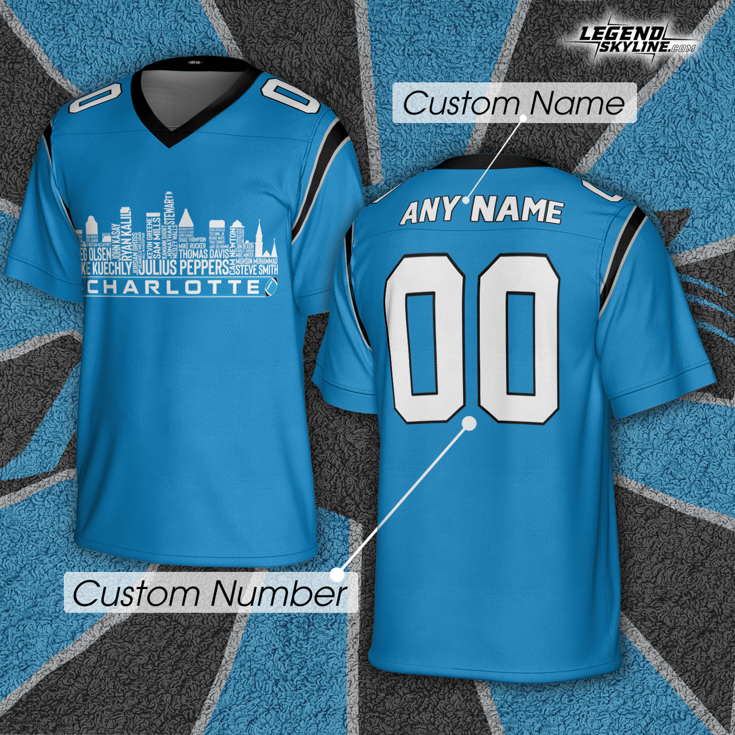 Carolina Jersey Custom Football Greatest Of All Time Team Legends Charlotte City Skyline Jersey Shirt, Personalized Embroidery Name Number