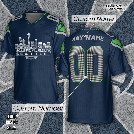 Seattle Football Jersey Custom Legacy Roster 2025 Seattle City Skyline Personalized Embroidery Name Number Shirts