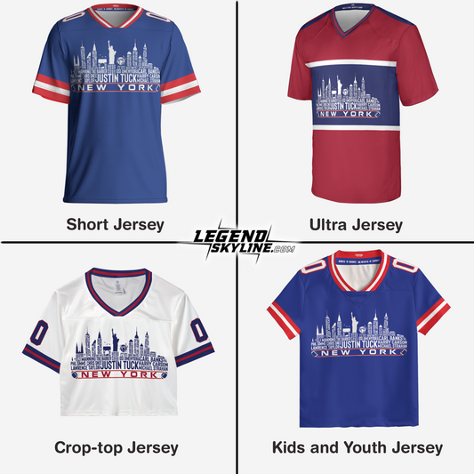 New York Jersey Custom Football Greatest Of All Time Team Legends New York City Skyline Jersey Shirt, Personalized Embroidery Name Number