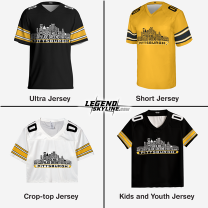 Pittsburgh Custom Football Jersey Greatest Of All Time Team Legends Pittsburgh City Skyline Shirt Personalized Embroidery Name Number