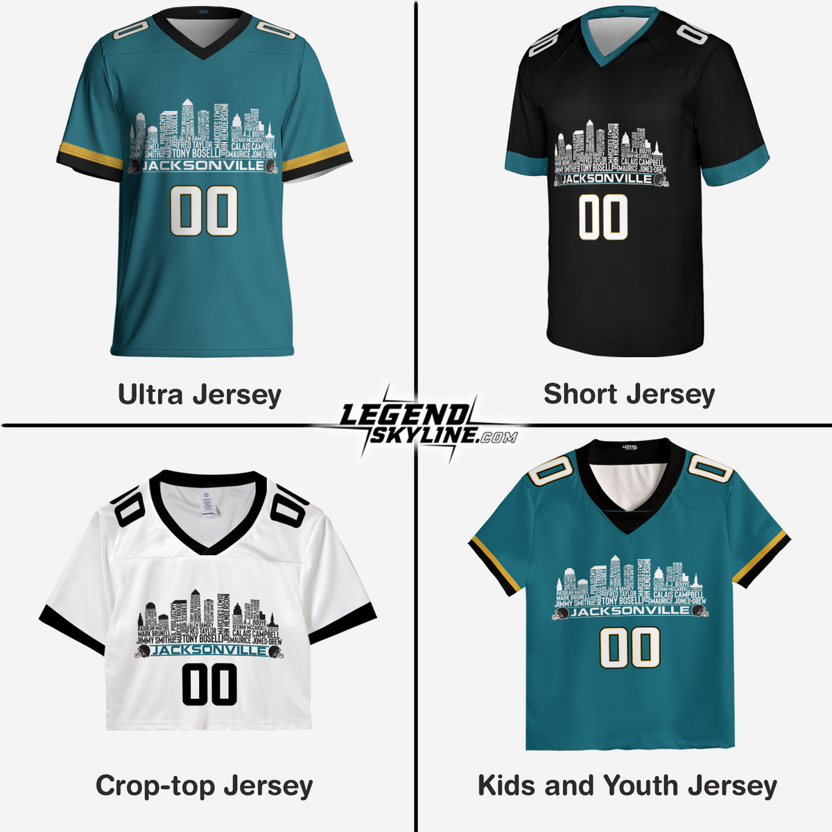 Jacksonville Jersey Custom Football Greatest Of All Time Team Legends Jacksonville City Skyline Jersey Shirt Personalized Embroidery Name Number