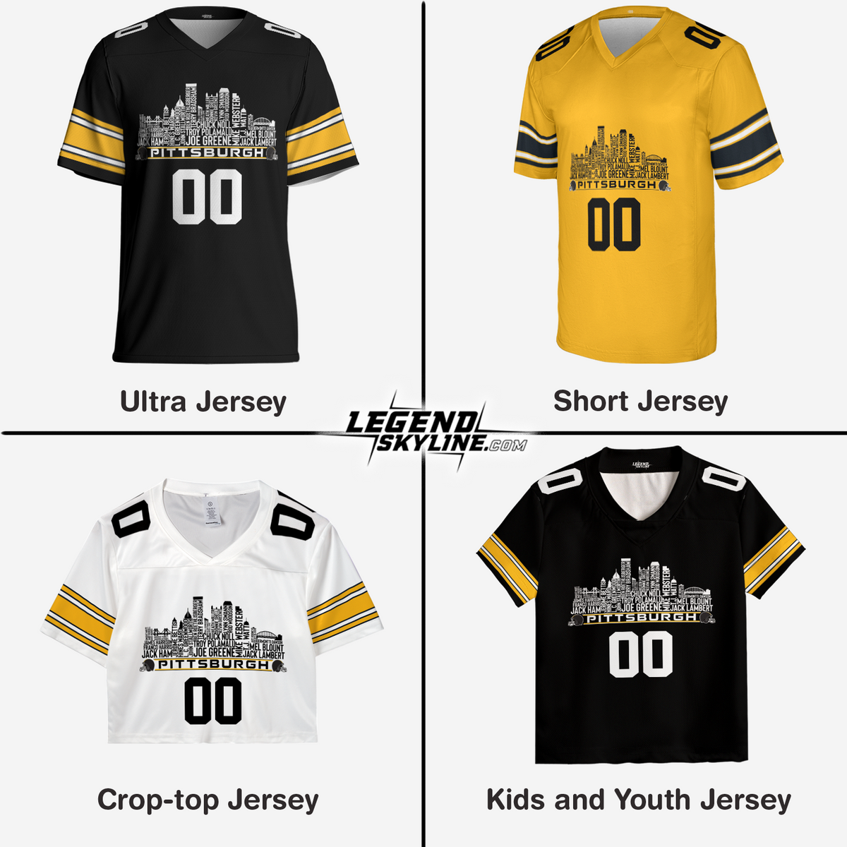 Pittsburgh Custom Football Jersey Greatest Of All Time Team Legends Pittsburgh City Skyline Shirt Personalized Embroidery Name Number