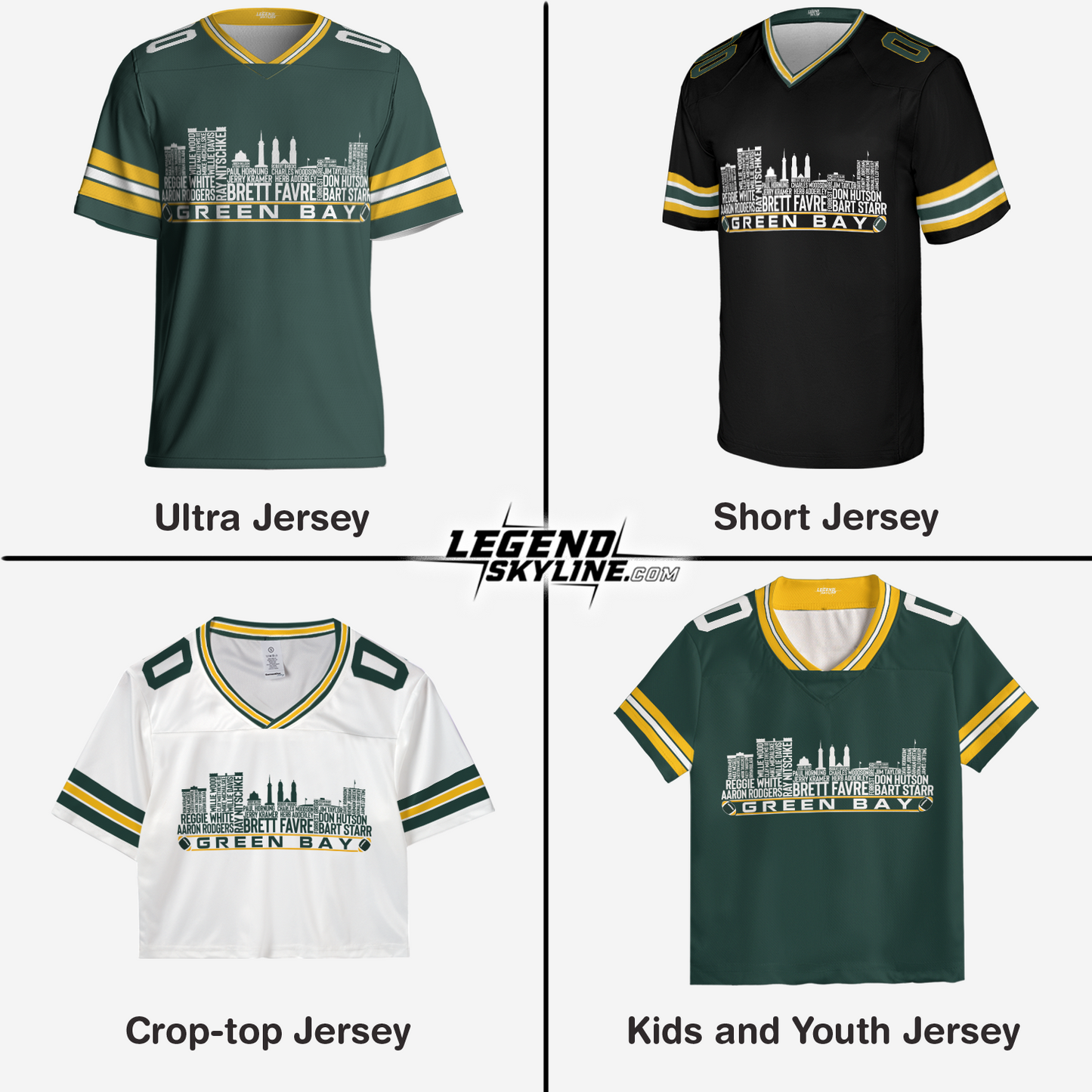 Green Bay Jersey Custom Football Greatest Of All Time Team Legends Green Bay City Skyline Jersey Shirt, Personalized Embroidery Name NumberGreen Bay