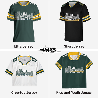 Green Bay Jersey Custom Football Greatest Of All Time Team Legends Green Bay City Skyline Jersey Shirt, Personalized Embroidery Name NumberGreen Bay