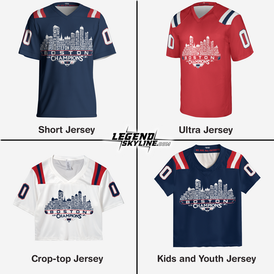 New England Custom Jersey Champions LX Football 2026 Bowl Dream Team Boston Skyline Personalized Embroidery Name Number