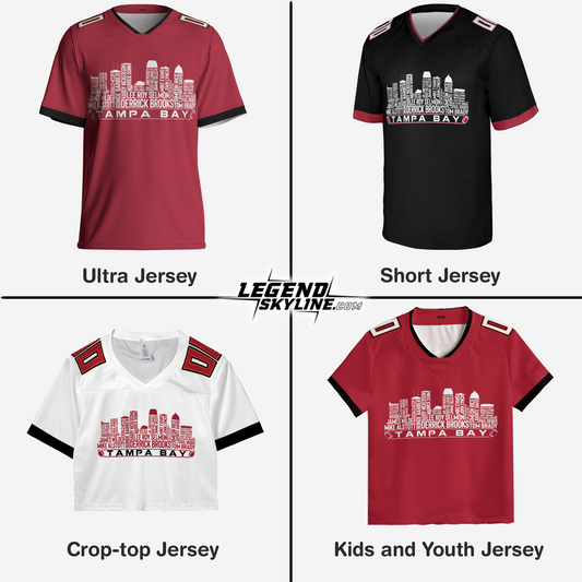 Tampa Bay Custom Football Greatest Of All Time Team Legends Tampa Bay City Skyline Jersey Shirt, Personalized Embroidery Name Number