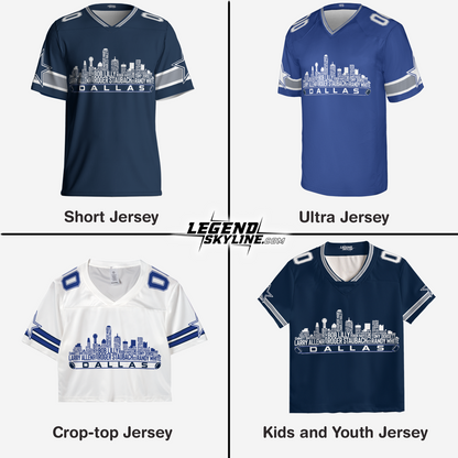Dallas Custom Football Jersey Greatest Of All Time Team Legends, Dallas City Skyline Shirt, Personalized Embroidery Name Number