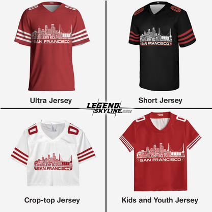 San Francisco Custom Football Jersey Greatest Of All Time Team Legends San Francisco City Skyline Shirt Personalized Embroidery Name Number