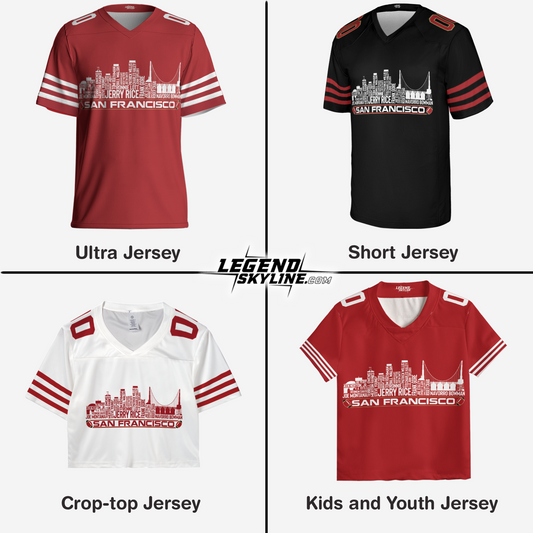 San Francisco Custom Football Jersey Greatest Of All Time Team Legends, San Francisco City Skyline Shirt, Personalized Embroidery Name Number