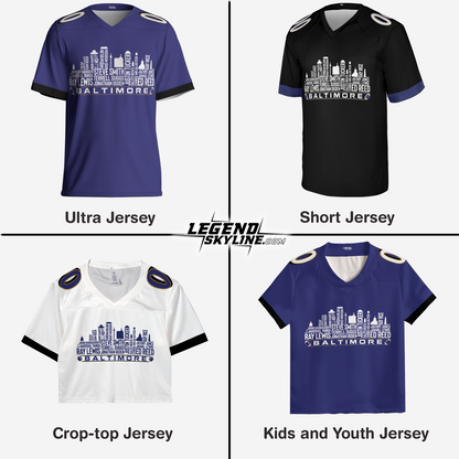 Baltimore Jersey Custom Football Greatest Of All Time Team Legends Baltimore City Skyline Jersey Shirt, Personalized Embroidery Name Number