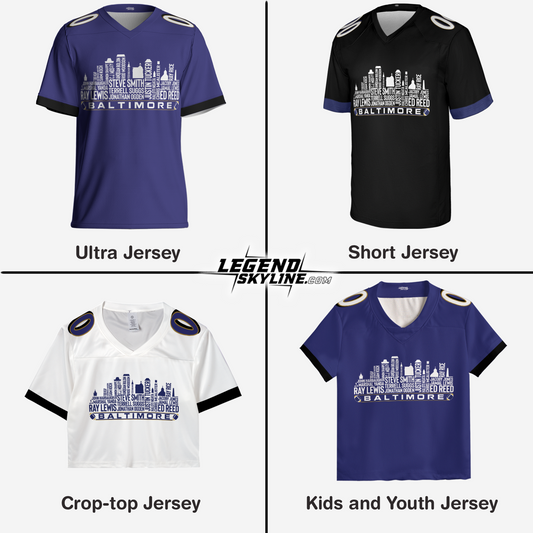 Baltimore Jersey Custom Football Greatest Of All Time Team Legends Baltimore City Skyline Jersey Shirt, Personalized Embroidery Name Number