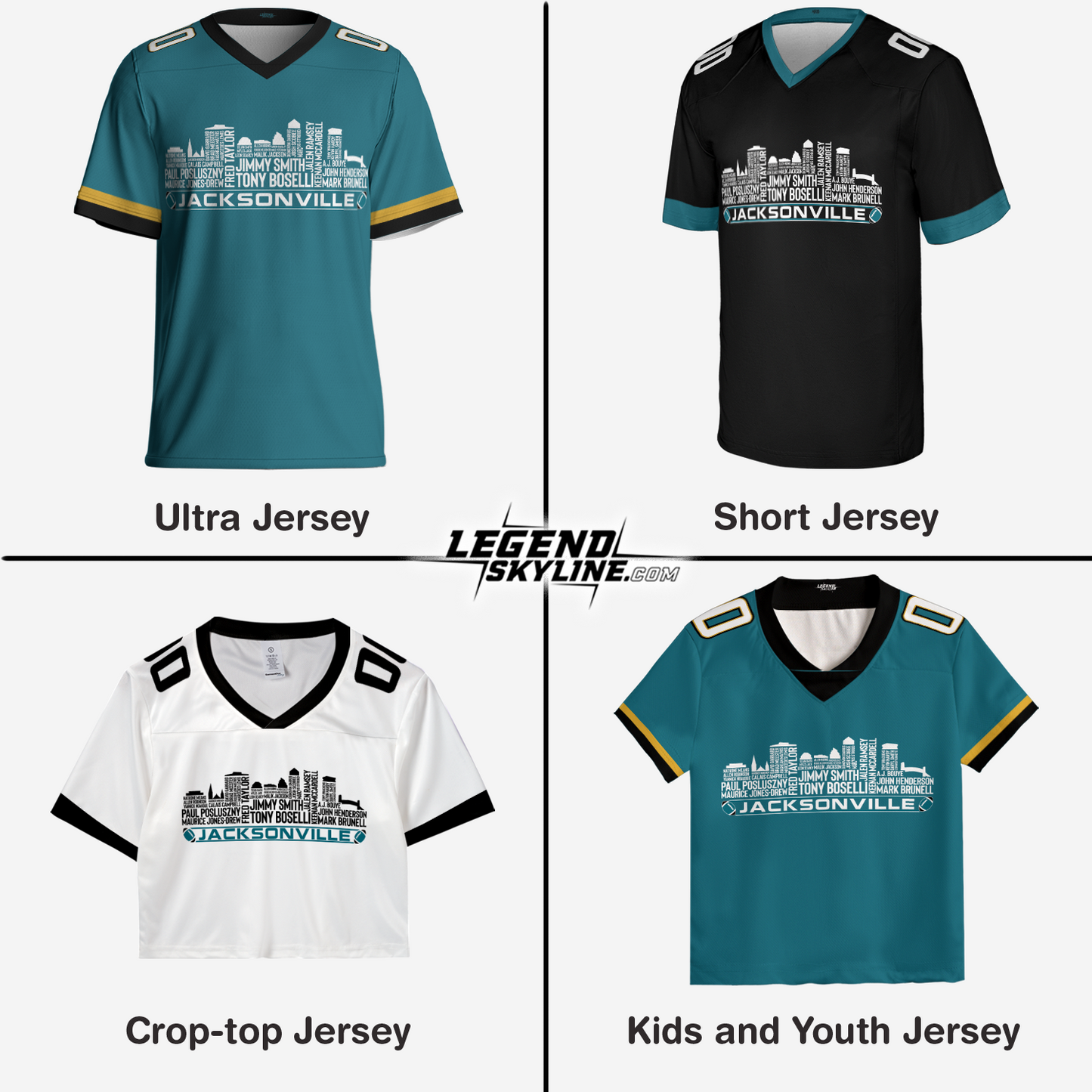 Jacksonville Jersey Custom Football Greatest Of All Time Team Legends Jacksonville City Skyline Jersey Shirt, Personalized Embroidery Name Number