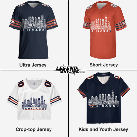 Chicago Jersey Custom Football Greatest Of All Time Team Legends Chicago City Skyline Jersey Shirt, Personalized Embroidery Name Number