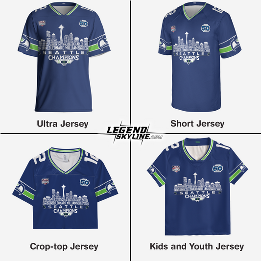 Seattle Custom Blue Jersey Champions LX Football 2026 Bowl Dream Team Seattle Skyline Personalized Embroidery Name Number
