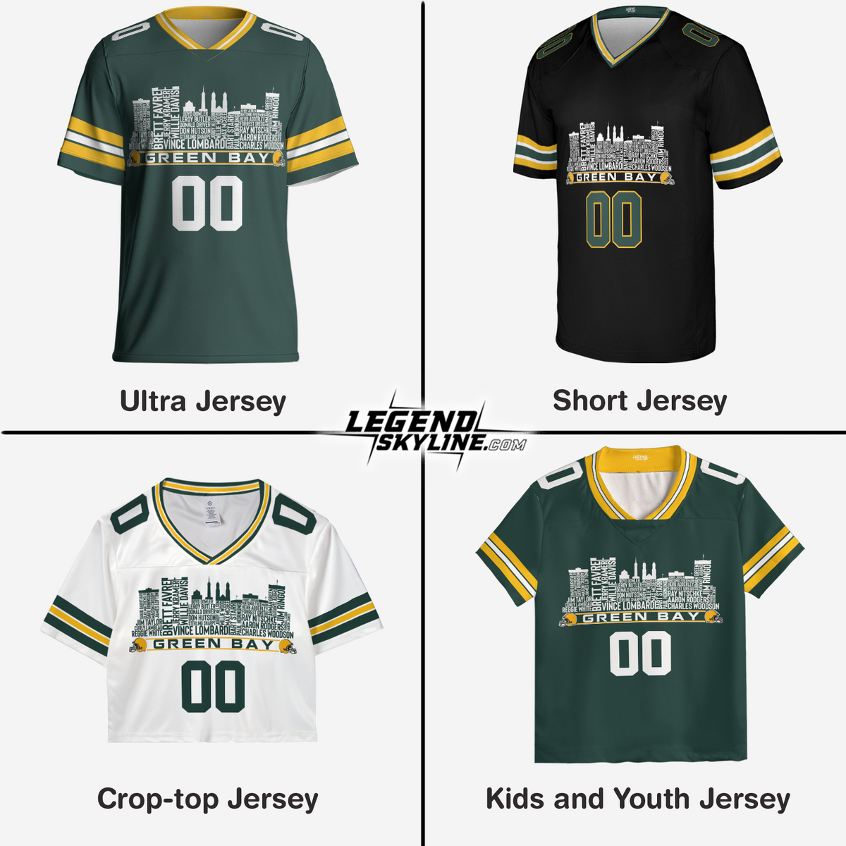 Green Bay Jersey Custom Football Greatest Of All Time Team Legends Green Bay City Skyline Jersey Shirt Personalized Embroidery Name NumberGreen Bay