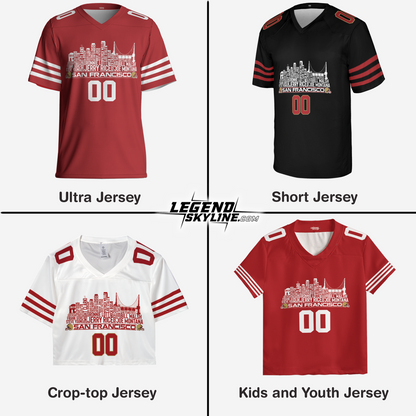 San Francisco Custom Football Jersey Greatest Of All Time Team Legends San Francisco City Skyline Shirt Personalized Embroidery Name Number