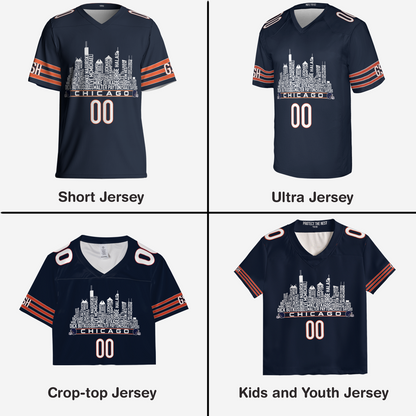 Chicago Jersey Custom Football Greatest Of All Time Team Legends Chicago City Skyline Jersey Shirt, Personalized Embroidery Name Number