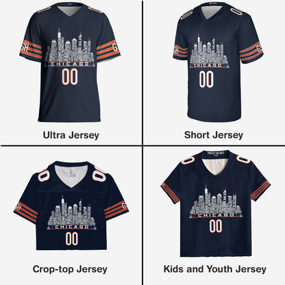 Chicago Jersey Custom Football Greatest Of All Time Team Legends Chicago City Skyline Jersey Shirt, Personalized Embroidery Name Number
