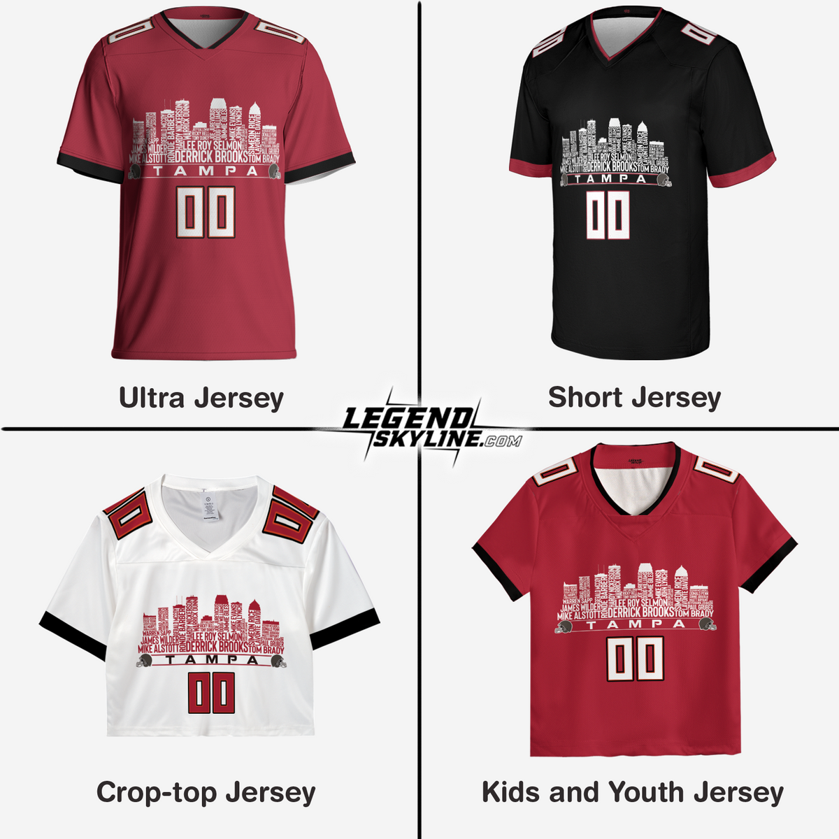 Tampa Bay Custom Football Greatest Of All Time Team Legends Tampa Bay City Skyline Jersey Shirt Personalized Embroidery Name Number