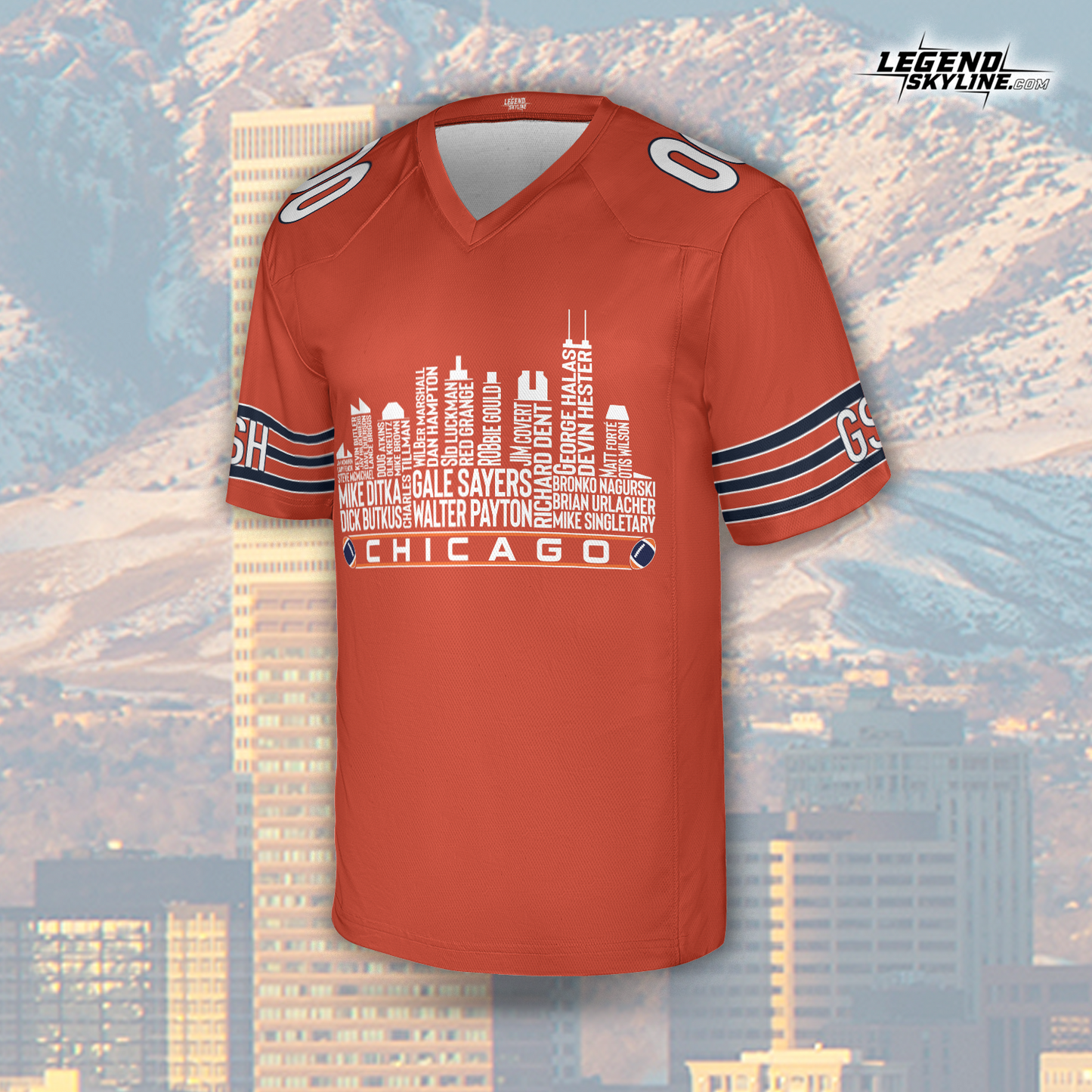 Chicago Jersey Custom Football Greatest Of All Time Team Legends Chicago City Skyline Jersey Shirt, Personalized Embroidery Name Number