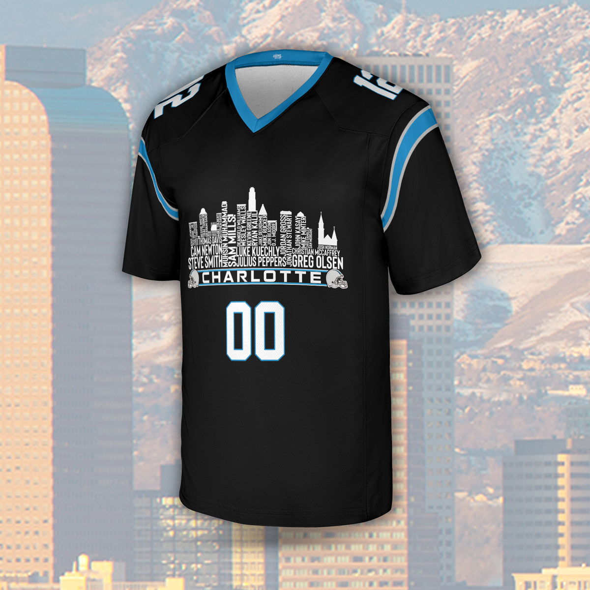 Carolina Jersey Custom Football Greatest Of All Time Team Legends Charlotte City Skyline Jersey Shirt Personalized Embroidery Name Number