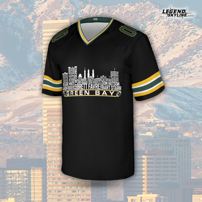 Green Bay Jersey Custom Football Greatest Of All Time Team Legends Green Bay City Skyline Jersey Shirt, Personalized Embroidery Name NumberGreen Bay