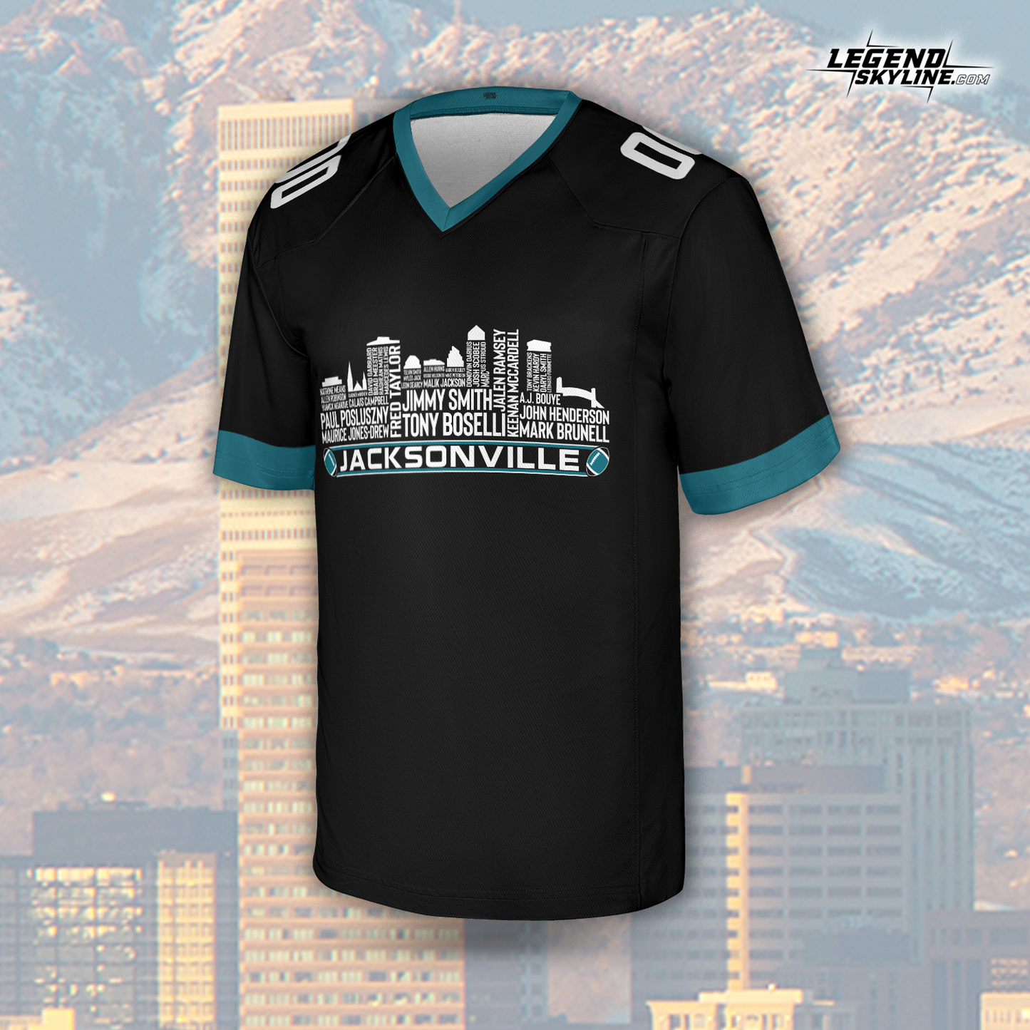 Jacksonville Jersey Custom Football Greatest Of All Time Team Legends Jacksonville City Skyline Jersey Shirt, Personalized Embroidery Name Number