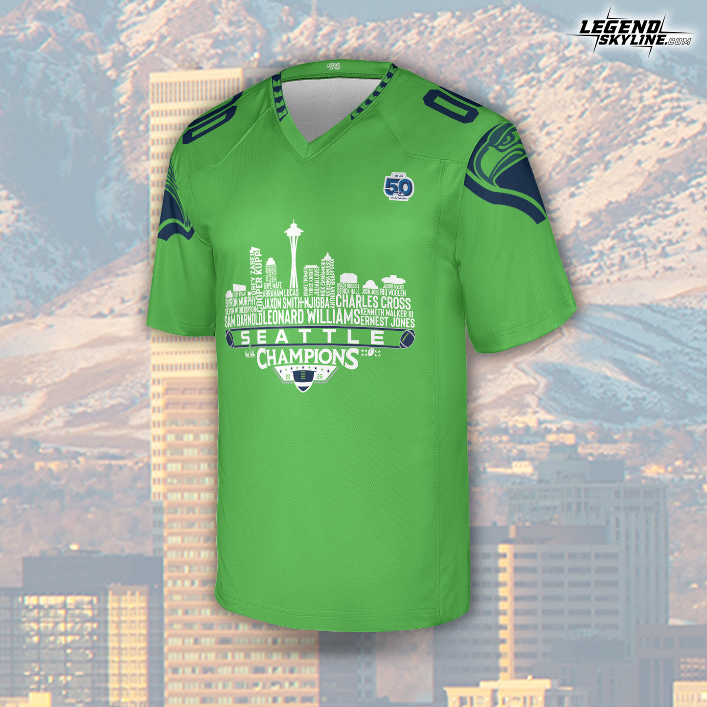 Seattle Custom Jersey Champions LX Football 2026 Bowl Dream Team Seattle Skyline Personalized Embroidery Name Number